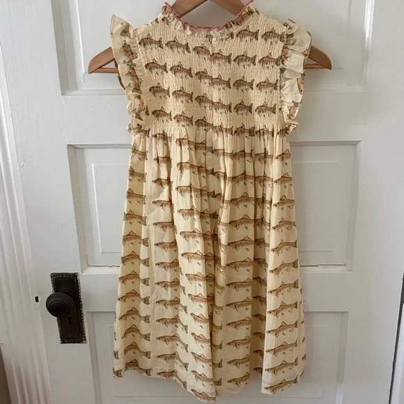 Pink Chicken Cream Fish-Print Smocked Ruffle Dress with Pink Trim - Picture 3 of 3